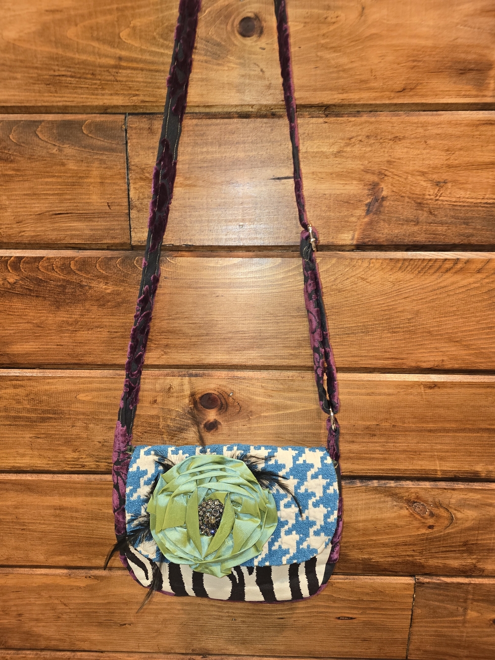 Miss Margo Blue Houndstooth Crossbody Bag with Floral Accent